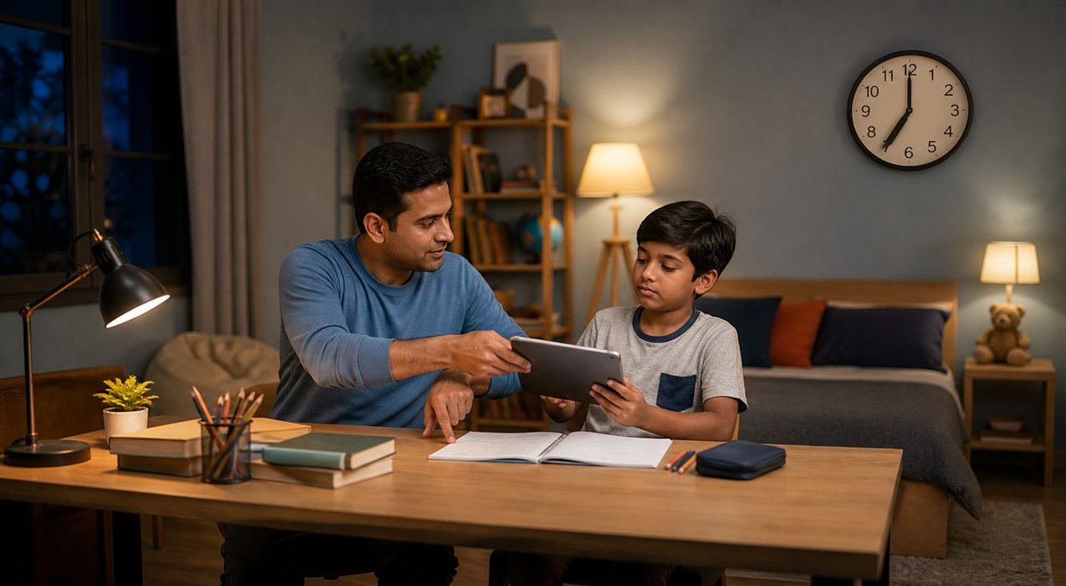 Child and parent reviewing digital behavior habits together beside a laptop