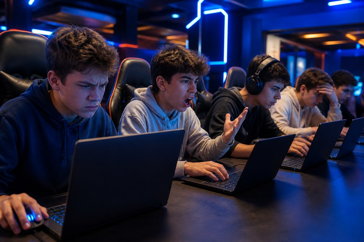 Teen reflecting on gaming habits with supportive adult guidance beside a laptop