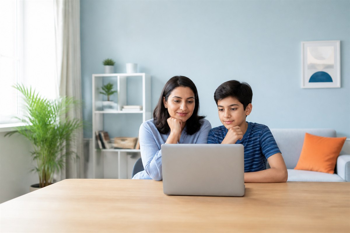 Parent supporting a child using a laptop for internet addiction self-assessment