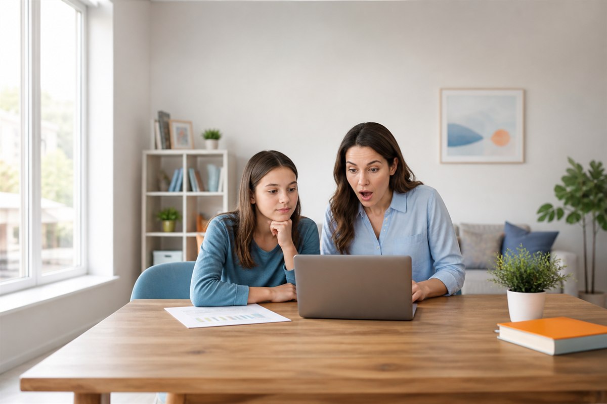 Teen reviewing social media habits with a parent on a laptop